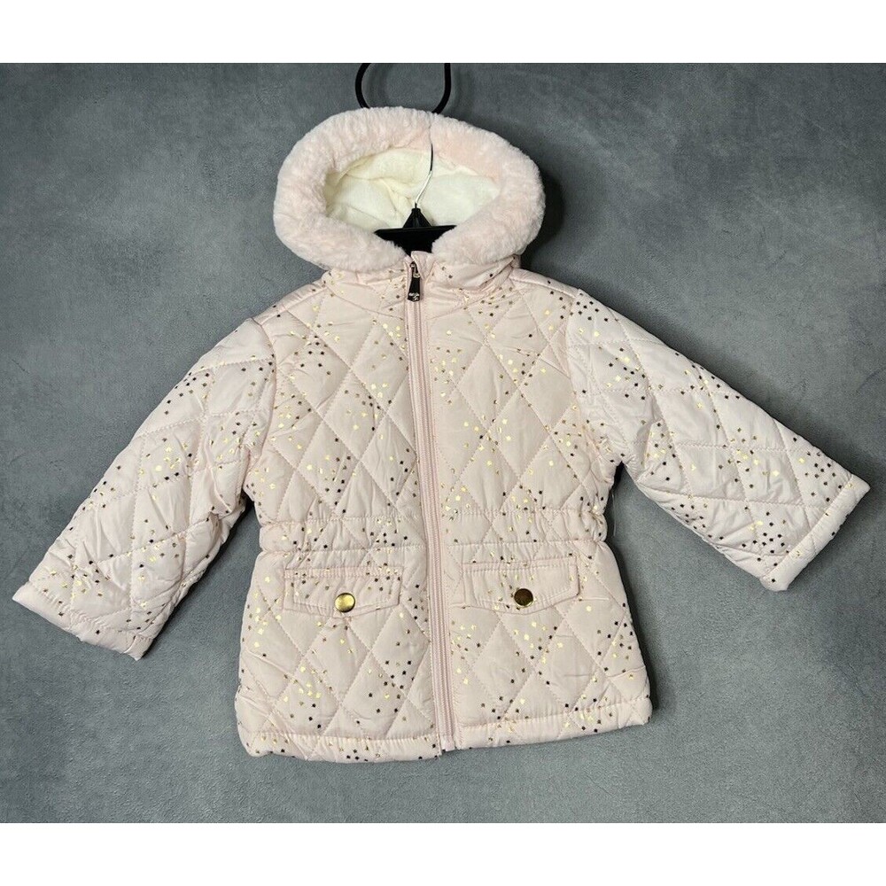 Kensie Girl Baby 12M Winter Puffer Jacket Pink Gold Stars Hooded Pockets